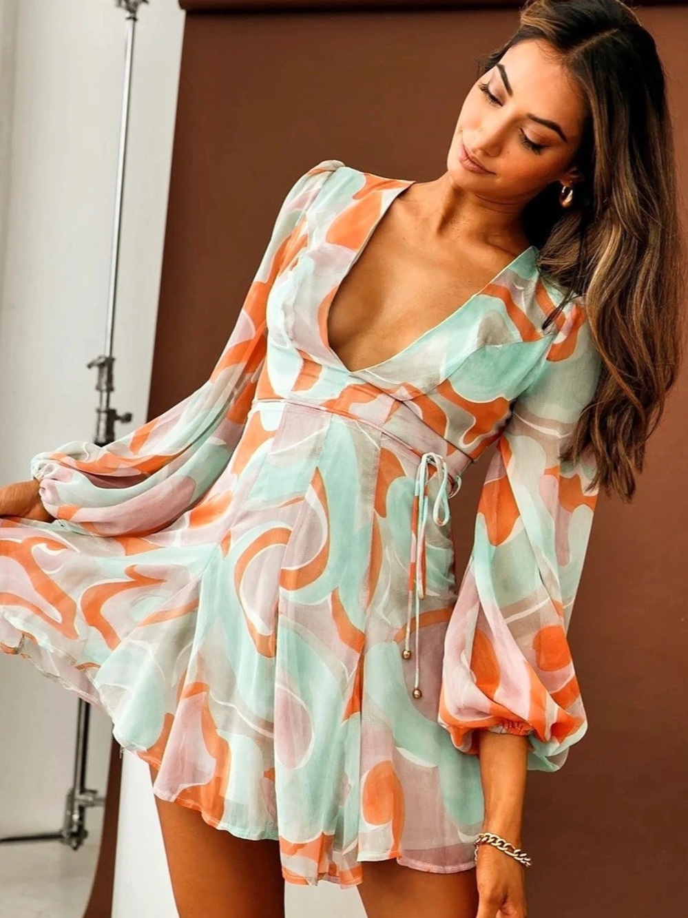 Long Sleeve V-Neckline Dress Swirl Print Orange/Mint